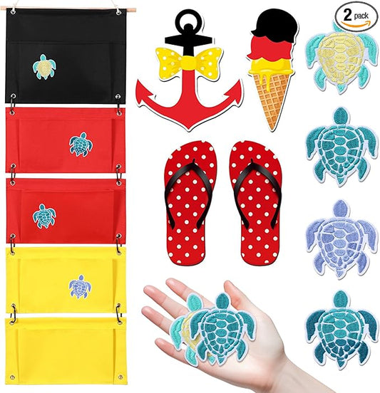 Fish Extender Cruise Hanging 5 Pockets with 4 Pcs Iron on Sea Turtle Patches and 4 Cruise Door Magnets Cabin Storage Bag 2026 Fe for Exchange Gift Pixie Dusting