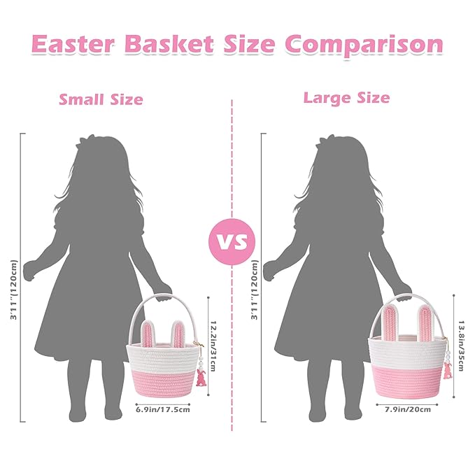 Easter Baskets for Kids, Pink Small Woven Rope Bunny Personalized Easter Basket Empty with Handle, Basket Name Tag, Baby Egg Easter Baskets Gifts for Girls Boys Toddler Babies, 8.7" x 6.9" x 6.3"