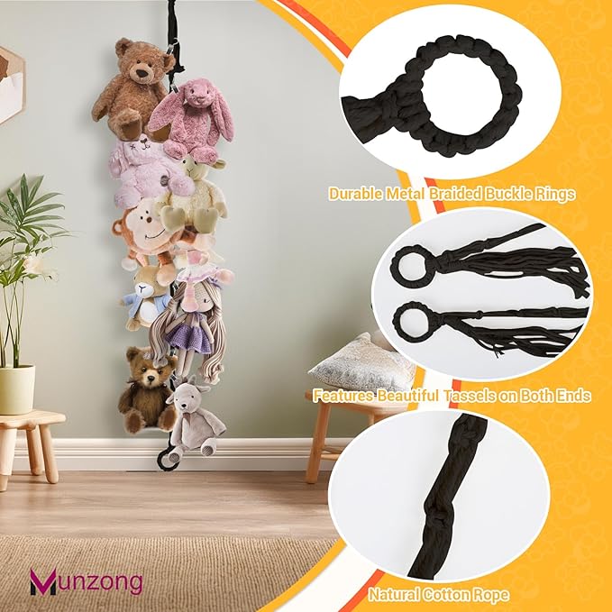 Munzong Stuffed Animal Storage Chain 80 Inch, 4pcs Black Hanging Stuff Animals organizer, Cotton Toy Display Chain with 80 Clips, Toys Organizers Holder for Room Wall Corner Decor