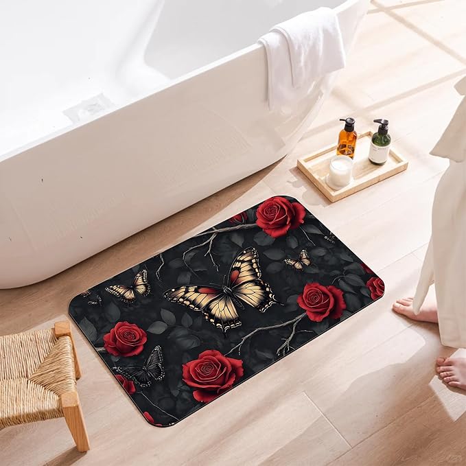 Gothic Butterfly Bathroom Rugs, Non Slip Quick Dry Red Rose Flower Bath Mats for Bathroom, Super Absorbent Diatomaceous Bathmat for Home Kitchen Thin Floor Doormat 17 X 29.5 Inch