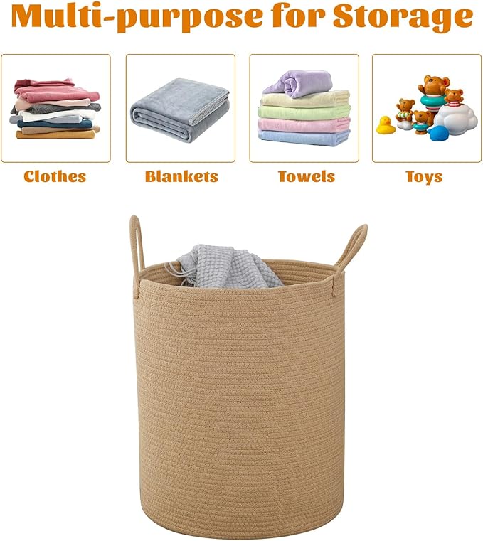 Woven Basket Nursery Laundry Hamper with Handles, Clothes Storage Organizer, Woven Basket for Boy Room Decor, Toy & Blanket Storage Bin, 15x15x18 Inch,Oatmeal,1pc