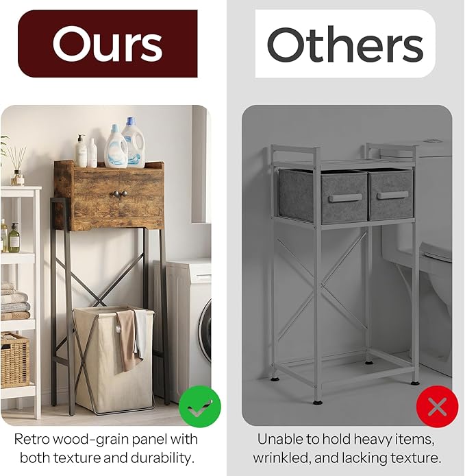 Over The Toilet Storage Cabinet, Freestanding Above The Toilet Storage Cabinet, Over The Toilet Storage Rack with X-Shaped Back Support, for Bathroom, Laundry, Rustic Brown and Black TR04BR