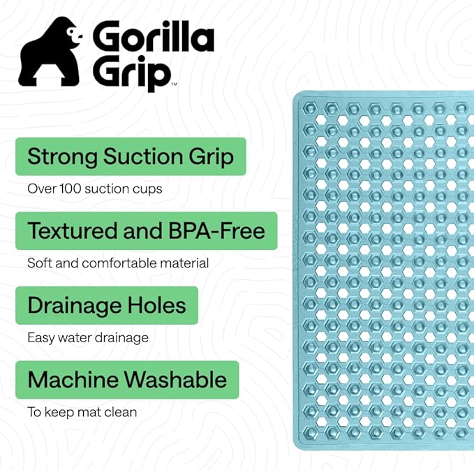 GORILLA GRIP Patented Square Shower Stall Mat, Small Bathtub Floor Mats for Stand Up Showers, Suction Cups and Drainage Holes, Machine Wash, Soft on Feet, Bathroom Accessories 21x21 Inch, Turquoise