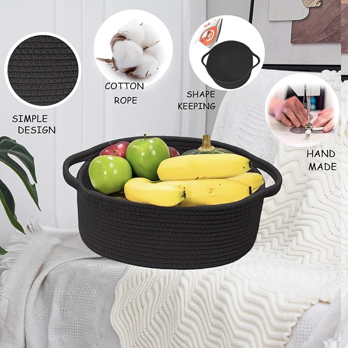COMFY HOMI Small Woven Gift Baskets with Handles, Gift Bags and Ribbons - Cotton Rope Storage Basket for Organizing, Dog Toy Basket Box, Gift Baskets Empty, Mother’s Day-φ11X5 Inch（all black）