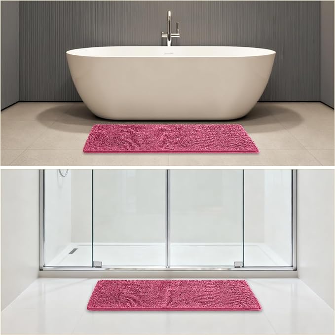 Hot Pink Bathroom Rugs 17"x47" - Plush Chenille Non-Slip Runner Bath Mat - Absorbent, Washable, Soft Decor for Shower, Sink, Tub, Kitchen, Home Accessories