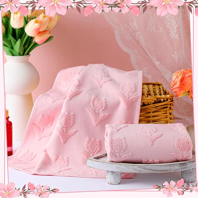 2 Pcs Tulip Hand Towels for Bathroom Pink Tulip 100% Cotton Jacquard Weave Bath Towel Set Soft Absorbent Kitchen Towels for Bathroom Kitchen Summer Theme Gifts 13.8 x 29.5