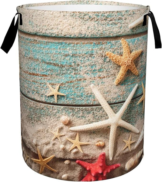 Laundry Basket,Beach Seashell Starfish Laundry Hamper Blue Wooden Collapsible Organizer Basket,Toy Storage Bin Room Decor Gift Clothes Baskets,Bedroom Children Nursery Hamper 16x20 Inch
