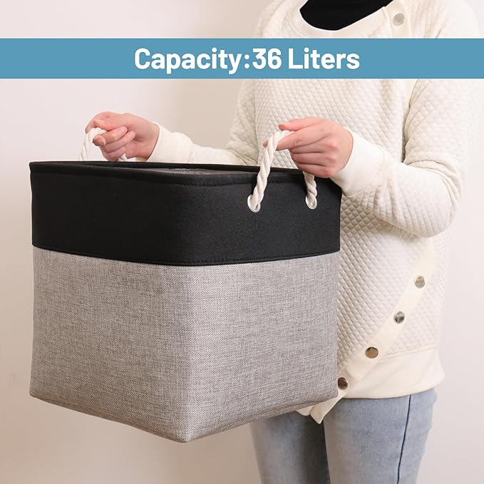 HOdo Home Fabric Storage Bin with Drawstring Closure and 2 Bold Handles, Collapsible Large Canvas Storage Baskets for Organizing Shelf Nursery Home Closet (Grey&Black, 13L×13W×13H - 3Pack)