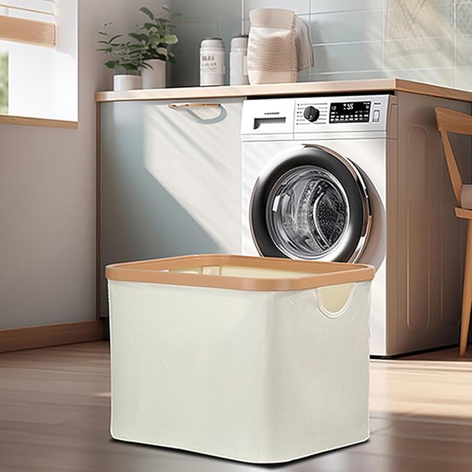 50L Foldable Laundry Basket,Versatile Storage Basket with Bamboo Borders for Bedroom,Office,Dorm.Great for Use as a Hamper with Lid, Towel Hamper for Wet Towels,Grey,Covered