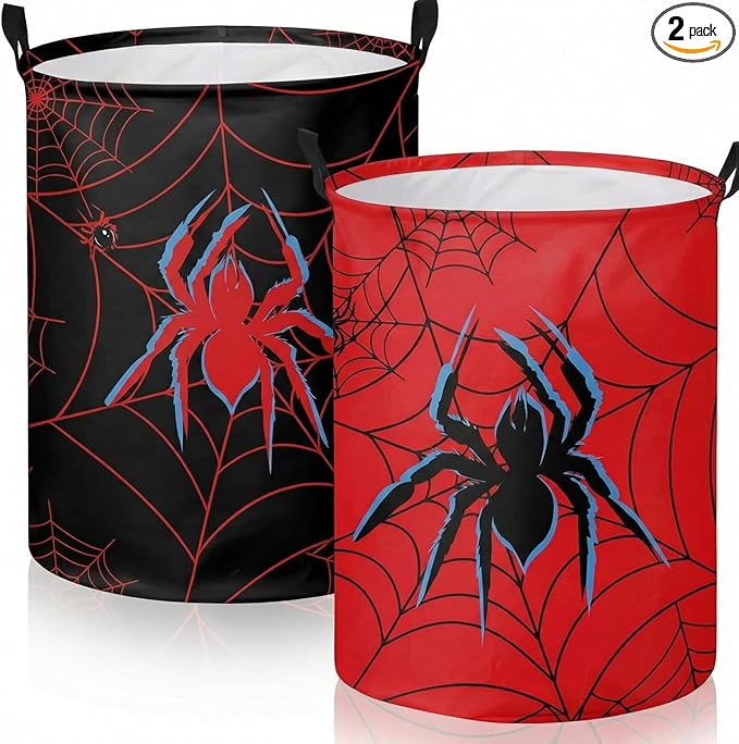2 Pcs Spider Laundry Hamper Basket Large 17.32 x 13.78 Inch Round Collapsible Spider Toy Storage Organizer Basket Bin with Waterproof Layer for Closet Bedroom Playroom Nursery Toy Dirty Cloth
