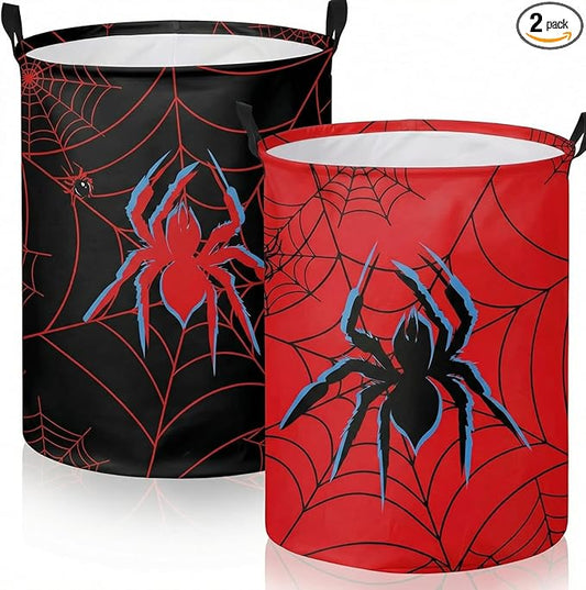 2 Pcs Spider Laundry Hamper Basket Large 17.32 x 13.78 Inch Round Collapsible Spider Toy Storage Organizer Basket Bin with Waterproof Layer for Closet Bedroom Playroom Nursery Toy Dirty Cloth