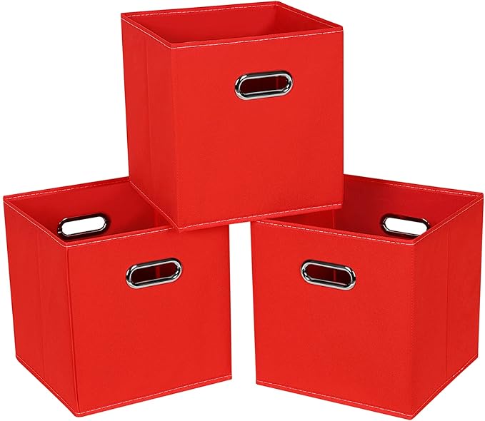Fabric Cloth Storage Bins,Fabric Cube Bins Organizer with Dual Handles Foldable Cube Storage Baskets for Home Bedroom Storage,Set of 3,(Red)