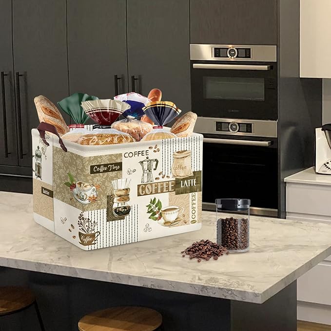 Clastyle Large Breaktime Coffee Theme Storage Basket Coffee Bean Cup Snack Kitchen Storage Bin Rectangle Brown Basket for Clothes Toy Book