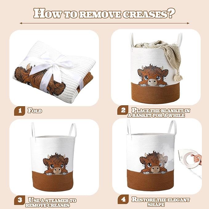 Honeydak Highland Cute Cow Laundry Hamper Brown Tall Cotton Rope Laundry Basket Hamper Large Cow Girly Nursery Basket Storage for Blanket Toys Clothes Organization in Bedroom Bathroom