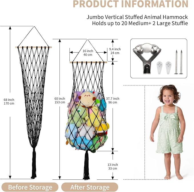 Stuffed Animal Storage Net, 68 Inch Jumbo Macrame Vertical Stuffed Animals Hammock Corner, Wall Ceiling Hanging Stuffy Hammock Plushie Holder Display for Kid Boy Girl Gift Boho Nursery Decor (Black)