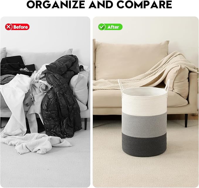 Woven Laundry Hamper Tall Rope Storage Basket for Blanket oys Dirty Clothes in Living Room Bathroom Bedroom (Gradient Grey, 100L/26.4Gal)