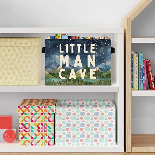 Boy Nursery Storage Bins Box with Handles, Boys Room Bedroom Decor, Little Man Cave Laundry Basket Hamper Collapsible Clothes Toys Organizer for Kids Room Nursery Playroom Bathroom