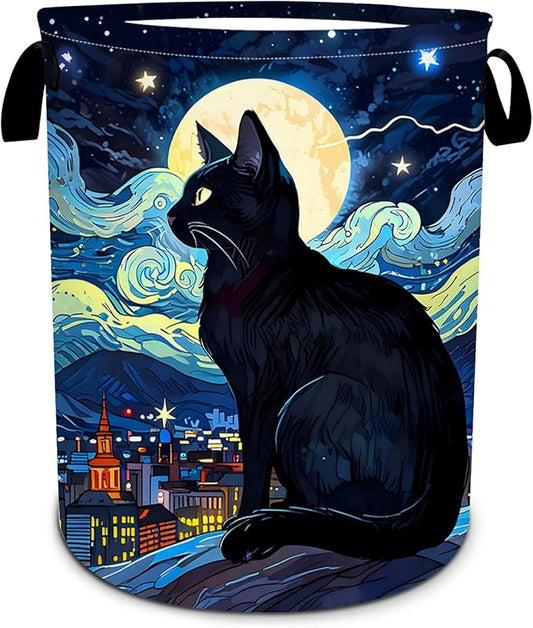 Starry Night Cat Laundry Basket, Foldable Waterproof Oxford Cloth Moon Laundry Hamper Funny Tote Bag Dirty Clothes Storage Bucket Toy Organizer for Bathroom/Laundry/Bedroom 15.7"x19.6"