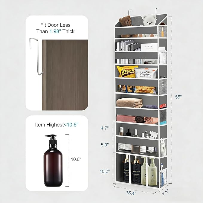 Over The Door Organizer Closet,6 Bins 12 Side Pockets,Hanging Organizer,Anti Tilt 50 lbs Load Organizers and Storage with Clear Window for Bedroom,Nursery,Rv,Bathroom,Camper(Grey)