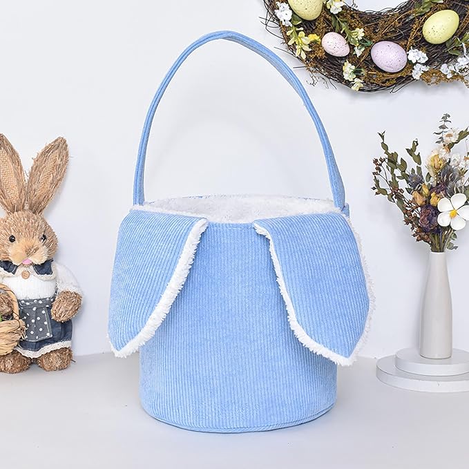 Easter Bunny Basket, Cute Easter Bucket Bags with Rabbit Ears for Easter Eggs Hunting, Plush Easter Bunny Basket, Easter Tote Bags for Candy Storage Decorations (Blue)