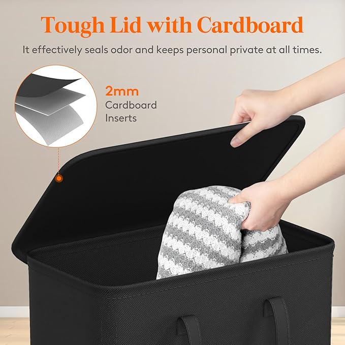 Lifewit 65L Slim Small Laundry Hamper, Laundry Basket with Lid, Dirty Collapsible Clothes Storage with Easy Carry Extended Handles, Tall Hampers for Bedroom Laundry Room, Black, 1 Pack