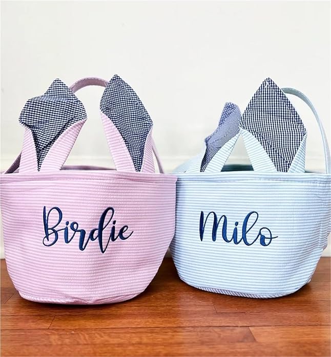Personalized Seersucker Easter Basket with Gingham Bunny Ears - Custom Embroidered Canvas Basket