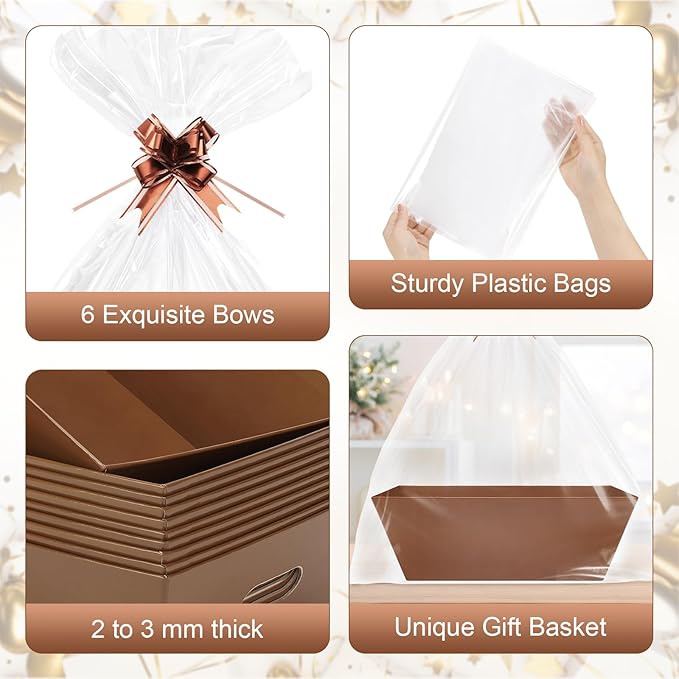 6PACK Baskets for Gifts Empty, 10x12”Thick Brown Gift Basket with Handles 6 Bows 6 Bags Empty Gift Baskets for Christmas Thanksgiving Wedding Birthday Party Wrapping Gift
