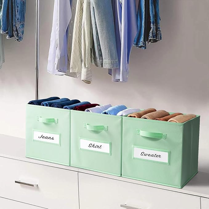 artsdi 13x13x13 storage cube bins(Set of 8) Fabric storage cubes with 8 Labels Window Cards & a Pen, storage cubes 13x13, Collapsible 13 inch cube storage bins, Cubby Organizer Boxes, Grass Green
