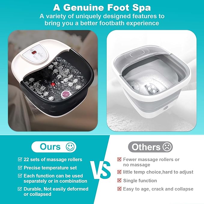 Foot Spa Bath Massager with Heat, Foot Bath with 22 Massage Rollers, Temperature Control, Jets, Bubbles, Epsom Salt and Vibration, Pedicure Foot Spa for Relaxation - Black