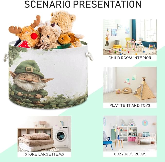 Blanket Storage Basket for Living Room - Saint Patrick's Dwarf Large 20"x20"x14" Cotton Rope Handles Laundry Basket, Foldable for Toy Storage, Blanket Basket