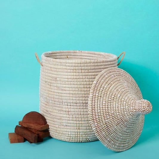 Small Basket with Lid, Baby Toy Storage, Nursery Hamper, White Basket, Cute Storage Bin, Wicker Baskets for Organizing, African Baskets with Handles, Coil Style Weaving, Made in Senegal,15" W, 19" T
