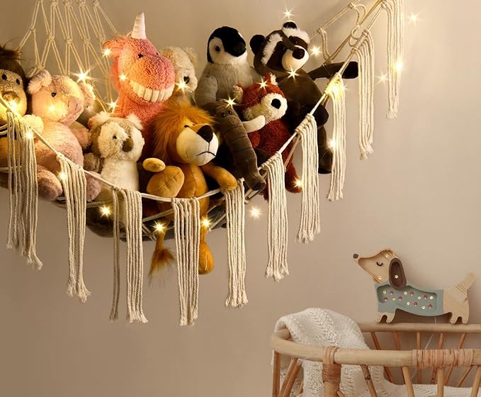 Stuffed Animal Hammock Corner Storage with LED Light - Plush Hammock Large Plushie Net - Stuffed Animal Holder Hanging Organizer - Teddy Bear Hammocks Room Decorations