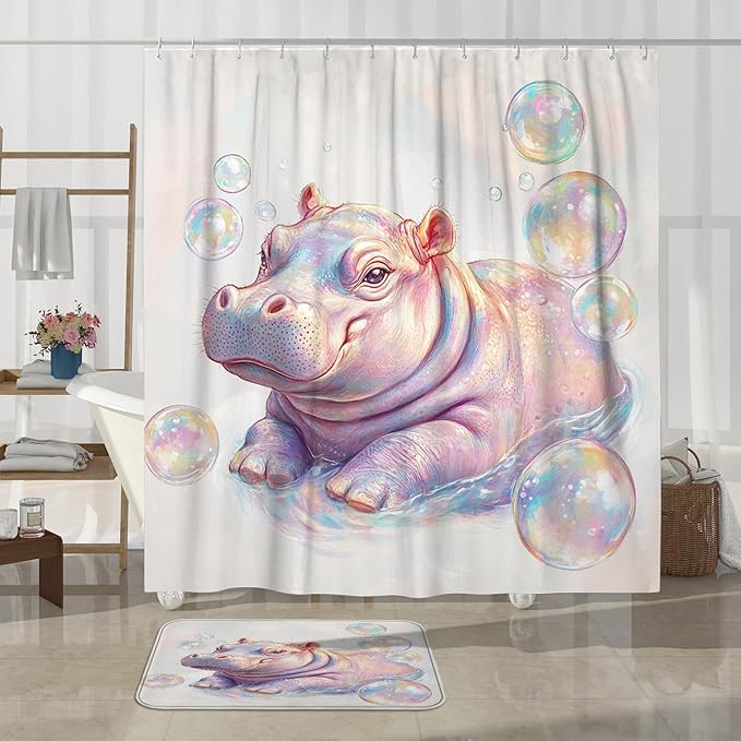 4PCS Funny Cute Hippos Bathroom Accessory Sets with Non-Slip Rug, U Shape and Toilet Lid Cover Mat, Bubble Sea Ocean Underwater Bathroom Fabric Decor-72''x72''