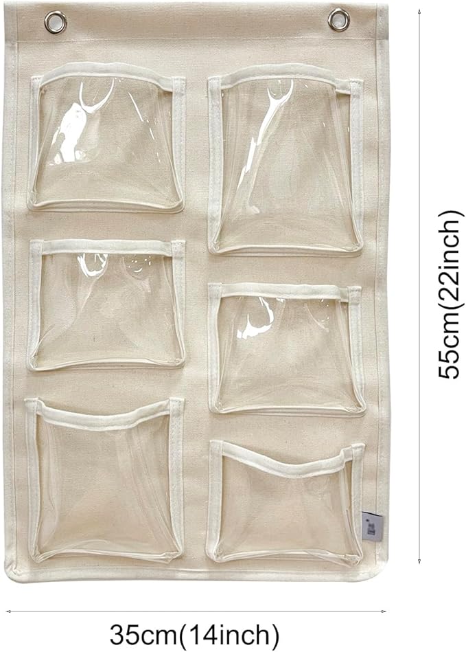 Beige Canvas Wall Organizer: 6 Clear Pockets for Mail & Supplies + 2 Hooks, Multi-Purpose Hanging Storage for Home or Office