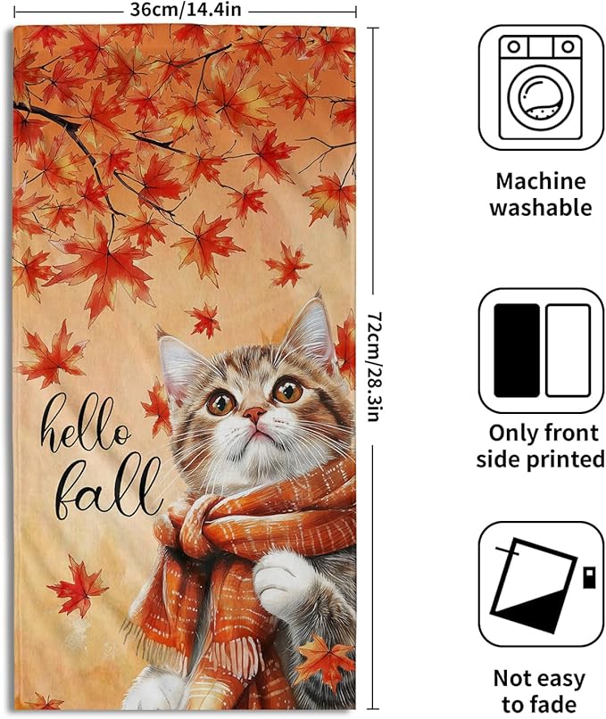 Hello Fall Hand Towel Autumn Cat Maple Leaves Kitchen Towels Set of 2 Soft Absorbent Face Towels Cute Animal Orange Leaves Small Bath Towel for Home Bathroom Hotel Spa Gym 14.4"x 28.3"