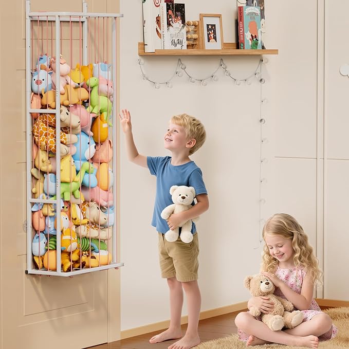 SWTYMIKI Large Stuffed Animal Storage - Over The Door Stuffed Animal Organizer, Toy Stuffy Storage for Nursery Play Room Bedroom Kid Room, Plush Organizer (Pink, 3-Tier)