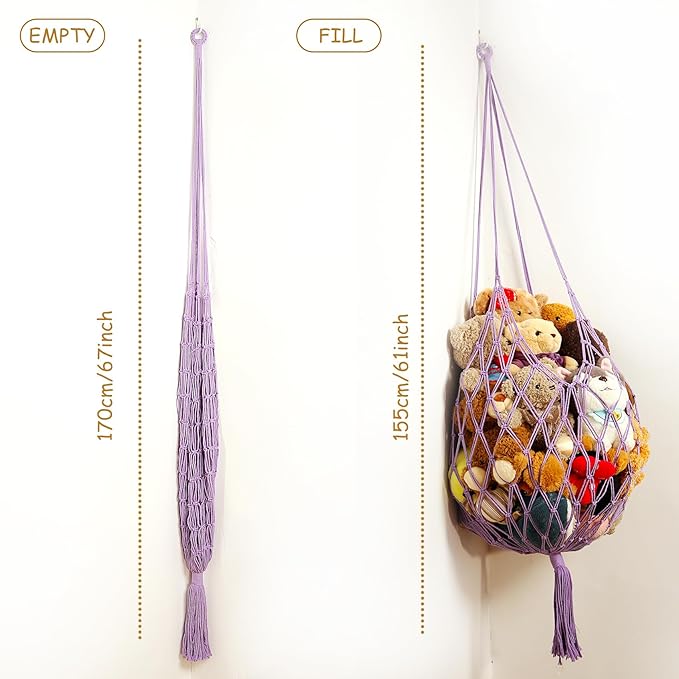 Stuffed Animal Storage Hammock Corner Hanging Net Stuffy Animal Hammock Macrame Toy Display Plush Toy Holder for Kid Bedroom Decor Boho Nursery Playroom Organizer (Purple)