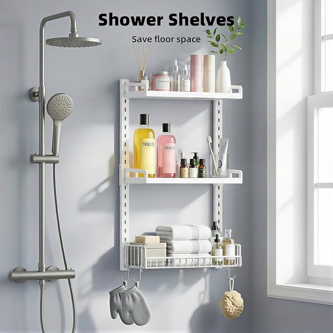 3 Tier Bathroom Shelves Over Toilet - Wall Mounted Floating Shelves with Drain Basket, Toilet Paper Storage, Height Adjustable Over The Toilet Storage, Pure White