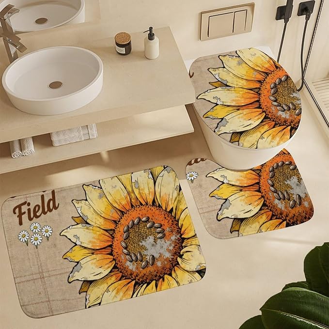 4 Piece Bathroom Rug Set with Shower Curtain, Non-Slip Bath Mat Toilet Cover Set, Pastoral Style Bathroom Rug Sets