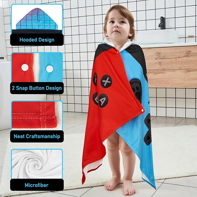 Hooded Towels for Kids Game 50" x 30" Toddler Bath Beach Towel Poncho with Hood Super Soft and Absorbent 100% Microfiber for Boys Ages 3-10