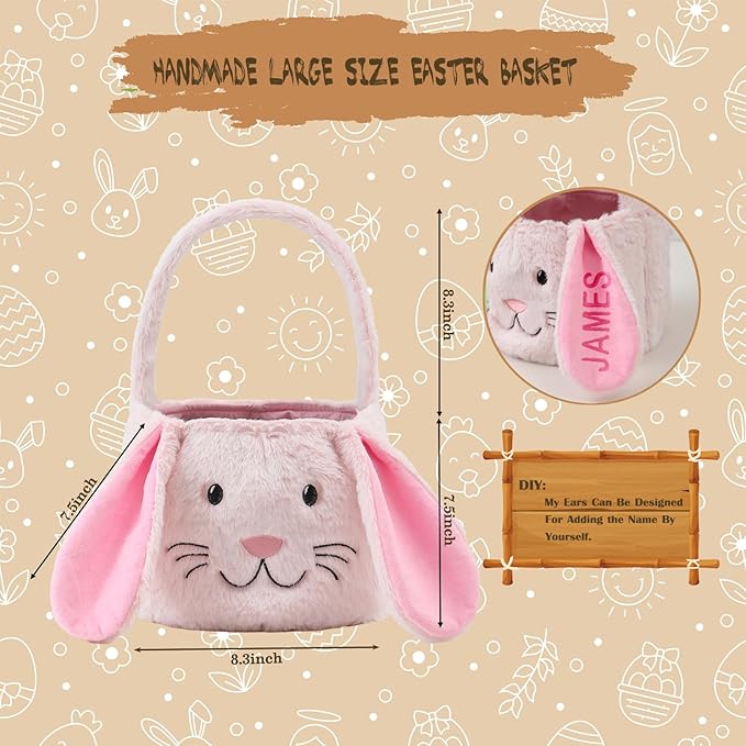 Easter Bunny Basket,Cute Easter Bucket Bags with Rabbit Ears for Easter Eggs Hunting,Easter Decorations,Candy Gifts Storage (Pink/White)