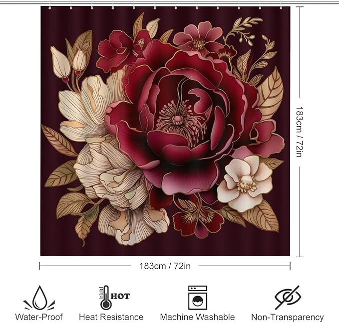 4Pcs Shower Curtain Set with Rugs Rug Toilet Lid Cover and Non-Slip U Shape Mat Elegant Burgundy Floral Waterproof Shower Curtain Red and White Floral for Bathroom Decor Set
