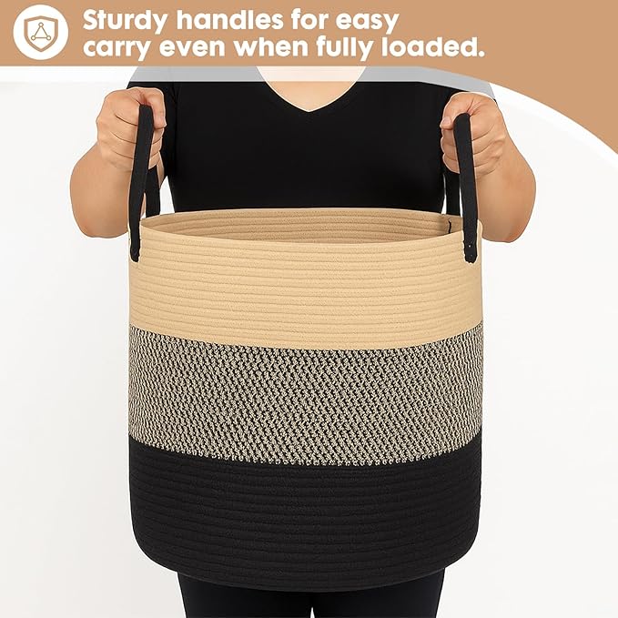 ShellKingdom Laundry Basket, Natural Rope Woven Storage Basket with Handles for Home, Living Room, Laundry, Storage Organizer for Blankets, Clothes, Plant, Toys, 15.7 x 13.8 INCH (3-Toned Khaki Black)