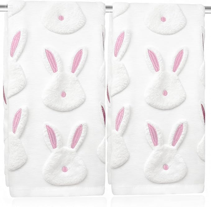 2pcs Easter Bunny Hand Towels Set 100% Cotton Soft Absorbent Spring Bathroom Hand Towels 14x29 Inch Cute Jacquard Easter Kitchen Decor Towels Holiday Kitchen Bathroom Decor Gift(White)