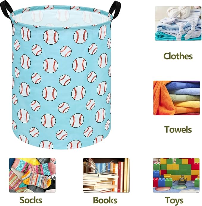 19.7" Round Kids Laundry Basket Gift Basket Storage Laundry Hamper Laundry Basket Baby Toys Nursery Bin with Handles,Storage Basket for Kids Room Bedroom Decor(Baseball)