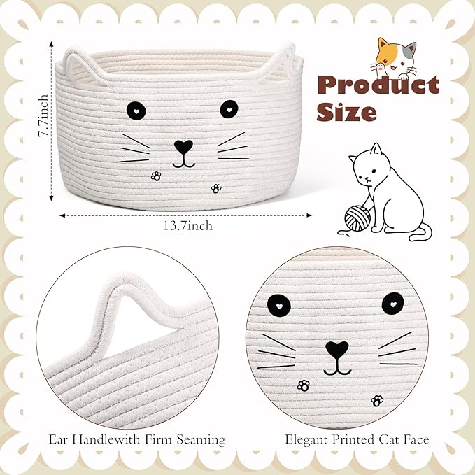 Zopeal Cat Basket Storage Woven Organizer with Ears Christmas Decorative Pet Toy Cute Cotton Rope Basket for Gift Cat Dog Toy Bin Nursery Room(13.7 x 7.8 Inch,White)