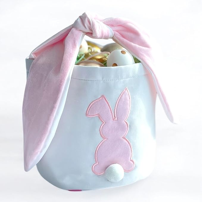 Easter Bunny Basket Bags, Rabbit Bucket Tote for Easter Egg Hunts Decorations Candy Gifts Storage (Pink, Blue, Polka Dots) (Pink)