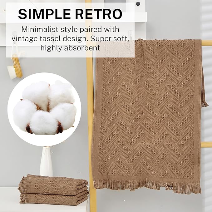 4-Pack Brown Luxury Decorative Bathroom Hand Towels – 13"x29.1" Boho Bath Hand Towels Set with Jacquard Weave & Fringe, Cotton Absorbent Soft Face Towels for Kitchen/Bathroom/Farmhouse