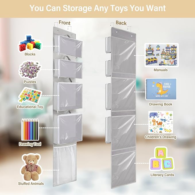 Over Door Organizer and Storage, Hanging Toy Holder with 4 Clear Removable Pouches, Toddler Room Wall Stuffed Animal Bag Case, Kids Playroom Closet Organization for Building Block, Puzzle