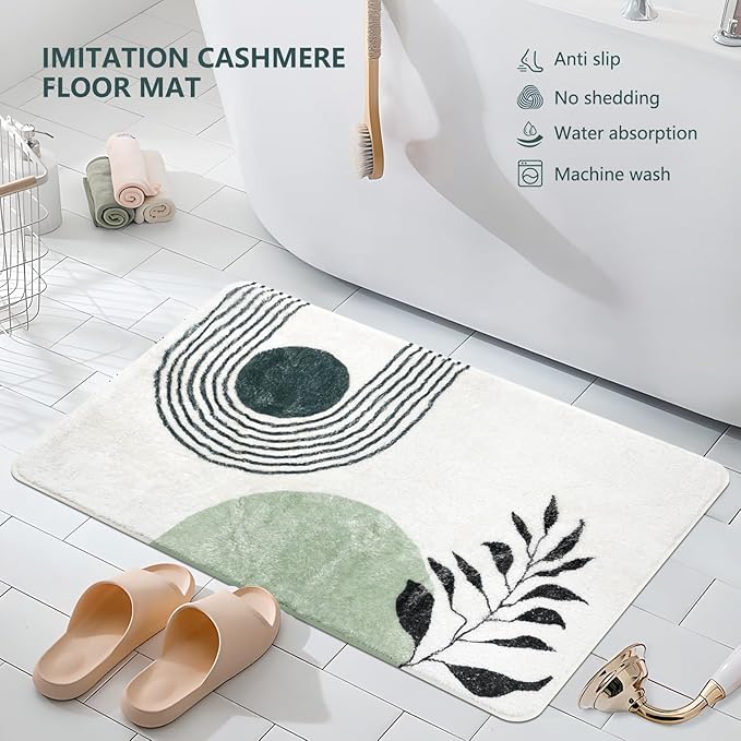 17"X24" Boho Bath Rugs for Bathroom Decor Non-Slip Bath Mat Absorbent Plush Microfiber Soft Carpet Machine Washable Bath Mat for Sink, Showers, Laundry Rooms, Living Room, Green
